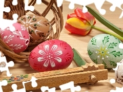 Easter, composition, eggs, tulip, basket