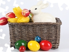 basket, porcelain, easter, eggs, Tulips, rabbit