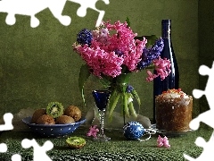 Wine, hyacinths, cake, Red, bouquet, kiwi, Easter egg