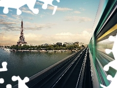 Eiffla Tower, Train, France, River, Paris