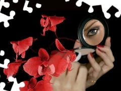 orchids, powder-box, eye, hands