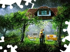 Family, house, Rain