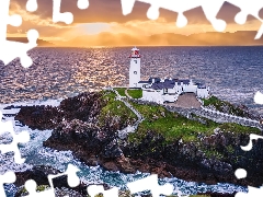 Fanad Head Lighthouse, rocks, Ireland, clouds, Portsalon, Lighthouses, sea, Sunrise