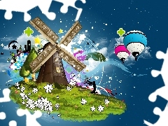 Windmill, Sky, fantasy, Balloons