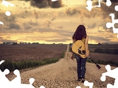 field, clouds, Guitar, Way, girl