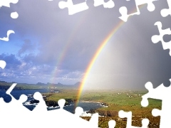 lake, Farms, field, rainbows