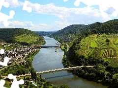 River, Houses, field, bridge