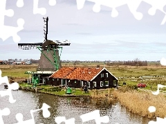 field, Way, lake, Farms, Windmill