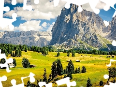 woods, field, clouds, Houses, viewes, Valley, Mountains, trees