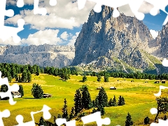 woods, field, clouds, Houses, viewes, Valley, Mountains, trees