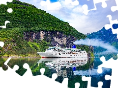 Fiord Geirangerfjorden, Cruise Ship, viewes, passenger, trees, Geiranger, Norway, Mountains