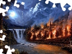 fire, Mountains, waterfall, Storm, Night