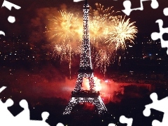 Eiffla Tower, Night, fireworks, Paris