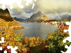 flourishing, Bush, lake, Great Rainbows, Mountains