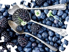 blueberries, Spoons, Flowers, blackberries