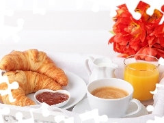 coffee, fresh, Flowers, breakfast, juice, croissants