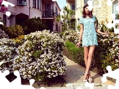 girl, Garden, Flowers, dress