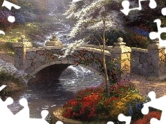 Flowers, green, brook, bridges, Park
