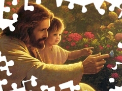 Jesus, butterfly, Flowers, Kid