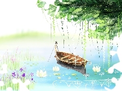 lake, trees, Flowers, Boat