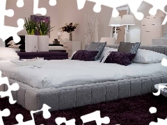 Flowers, Lamps, bed, pillows, Bedroom