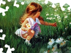 Flowers, girl, Meadow