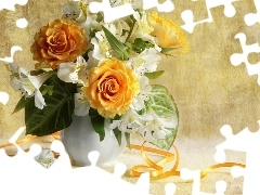 Flowers, ribbon, roses, White, bouquet