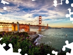 River, Yacht, Flowers, bridge