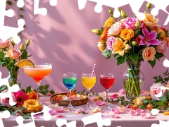 lilies, drinks, Table, Flowers, vases, roses