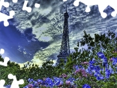 tower, clouds, Flowers, Eiffla