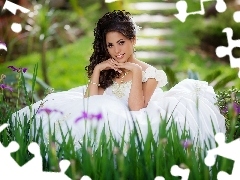 young lady, Flowers, White, Dress, Women