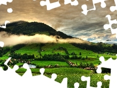 Fog, Farms, woods, medows, Mountains