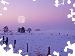 field, winter, Fog, moon, snow, twilight