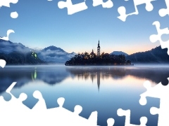 Castle, Slovenia, Fog, Mountains, lake, Bled