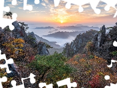 trees, Daedunsan Provincial Park, viewes, pine, autumn, South Korea, Fog, Sunrise, rocks