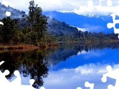 River, woods, Fog, Mountains