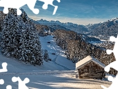 Mountains, German, Houses, village, winter, forest, Church