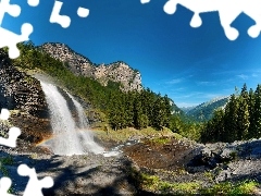 waterfall, rocks, forest, Great Rainbows