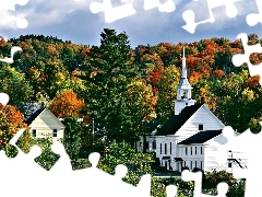 forest, Church, Houses