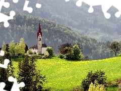 Mountains, Meadow, forest, tower