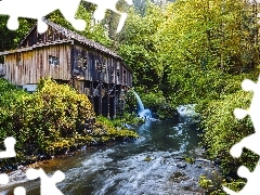 forest, USA, Windmill, River, Old car