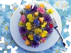 bouquet, plate, fork, flowers