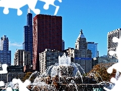 Chicago, clouds, fountain, skyscrapers