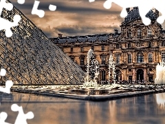 pond, fragment, dark, Louvre, Paris, fountain, clouds