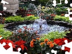 fountain, Garden, Flowers