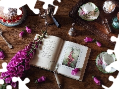 Lamp, cake, plate, Flowers, cups, Book, composition, foxglove