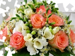 Freesias, roses, Arts, flowers, bouquet