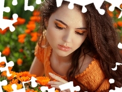 Garden, Flowers, girl, make-up, Beauty