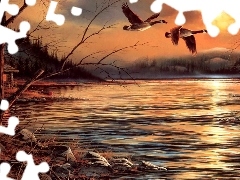 geese, west, water, Terry Avon Redlin, Canadian, sun
