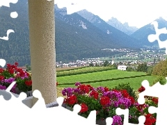 pillar, View, geraniums, Mountains